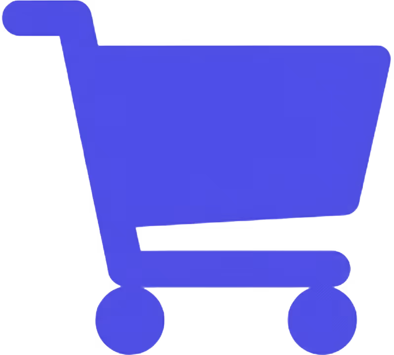 Solid blue shopping cart icon with two wheels and a handle.