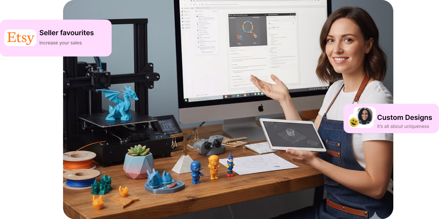 Woman in an apron showing a 3D model on a tablet next to a 3D printer with various small 3D-printed items on a wooden desk.