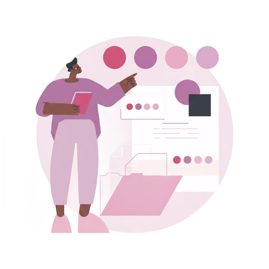 Illustration of a person holding a book and pointing at a color palette with shades of pink and purple on a screen.