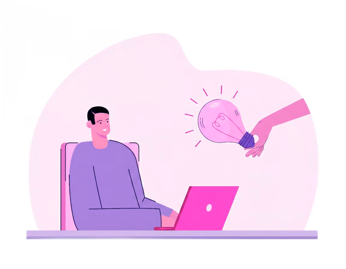 Illustration of a man sitting at a desk with a laptop while a hand offers a glowing light bulb symbolizing a new idea.