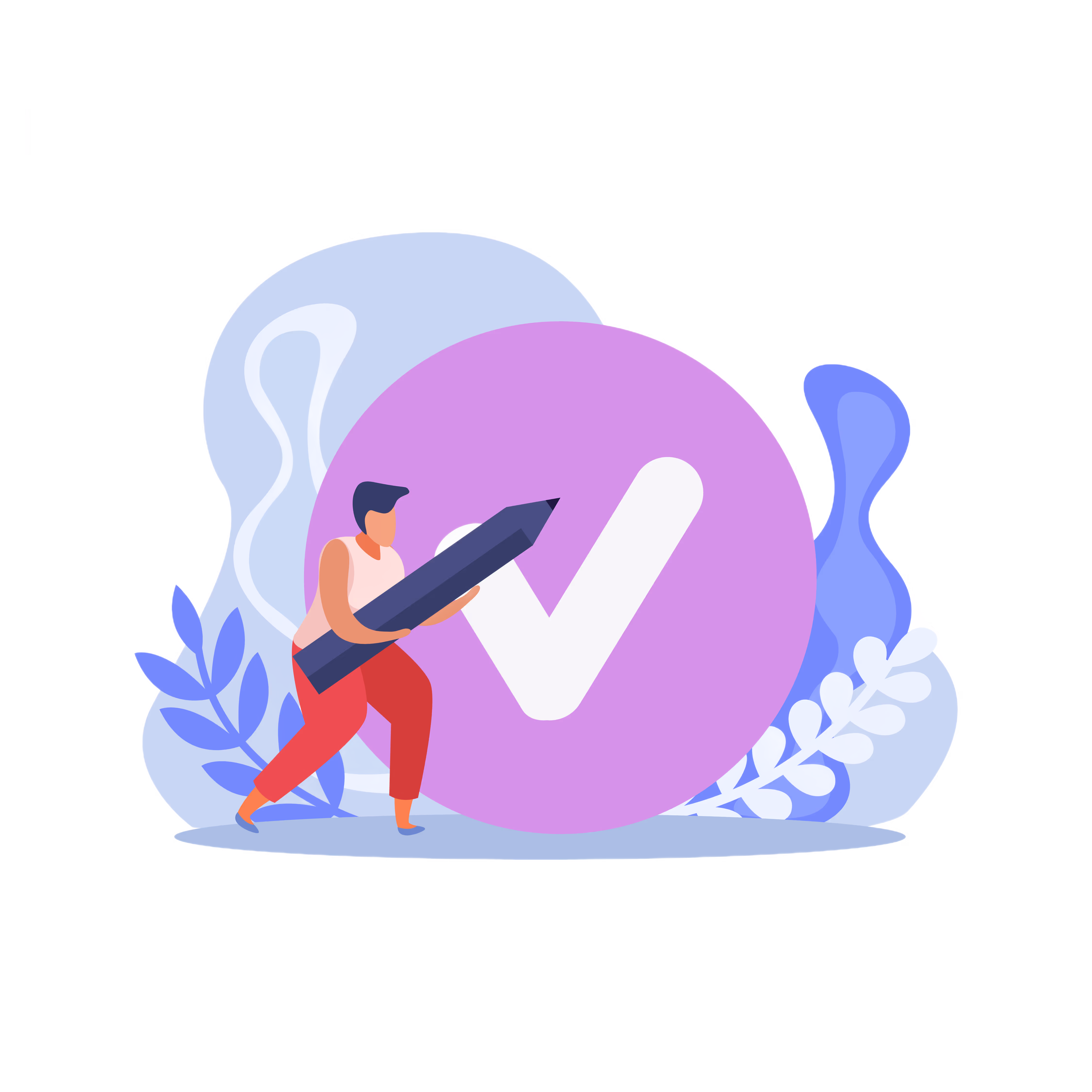 Illustration of a person holding a large pencil standing next to a big purple circle with a white check mark inside.