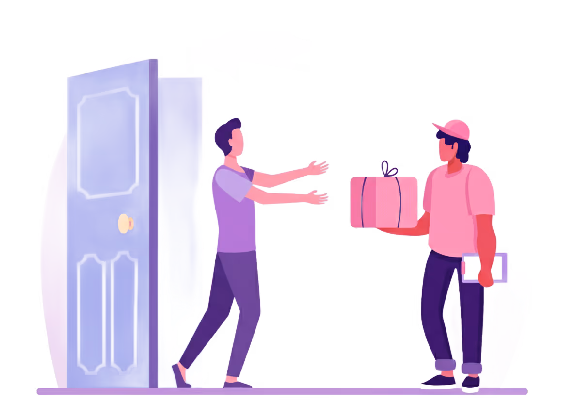 Person receiving a pink gift box from a delivery person standing outside an open door.