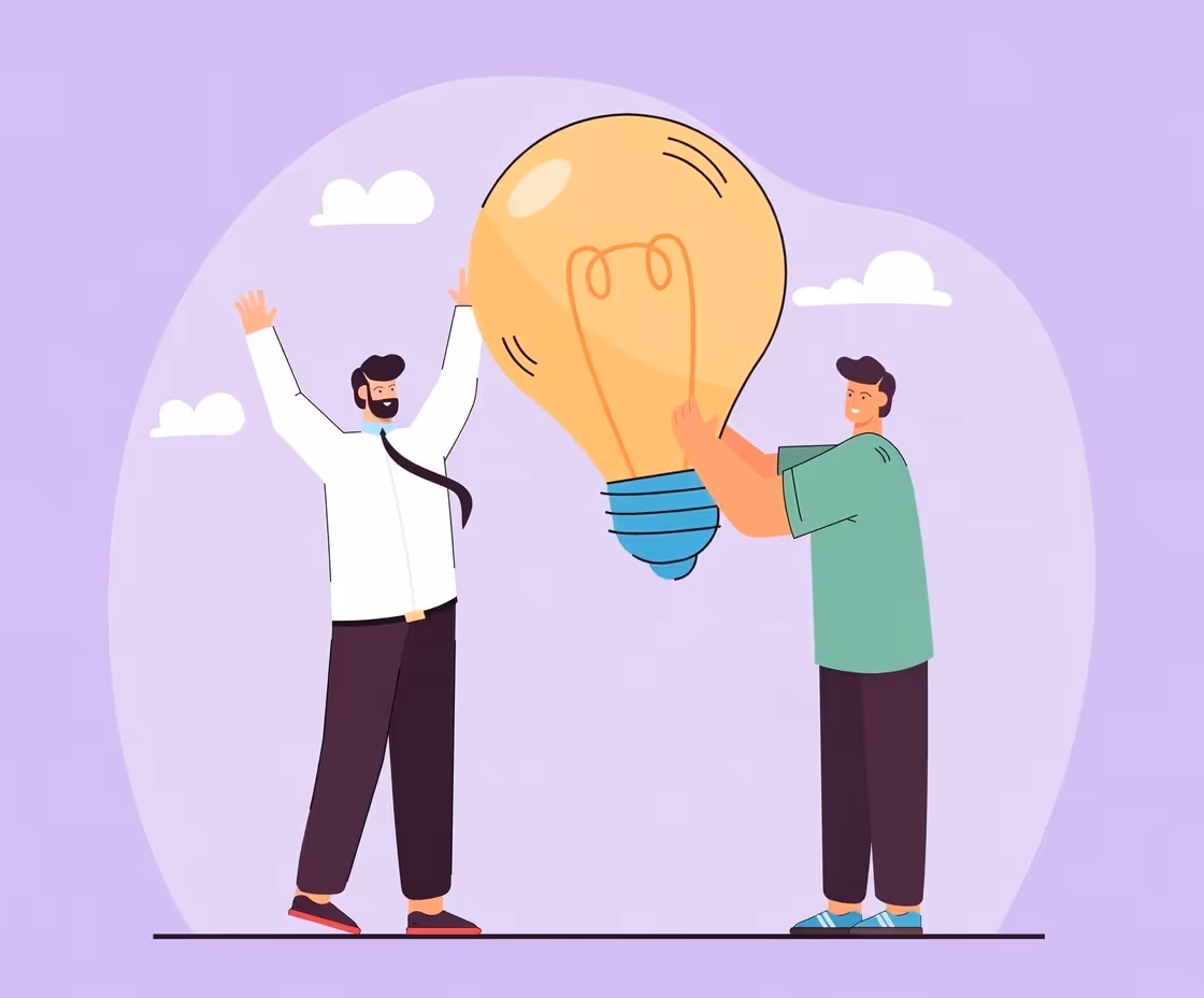 Two men, one holding a large light bulb and the other with raised hands celebrating an idea.