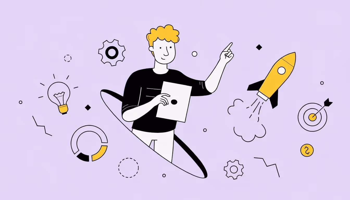 Illustration of a person holding a tablet and pointing upwards surrounded by icons.