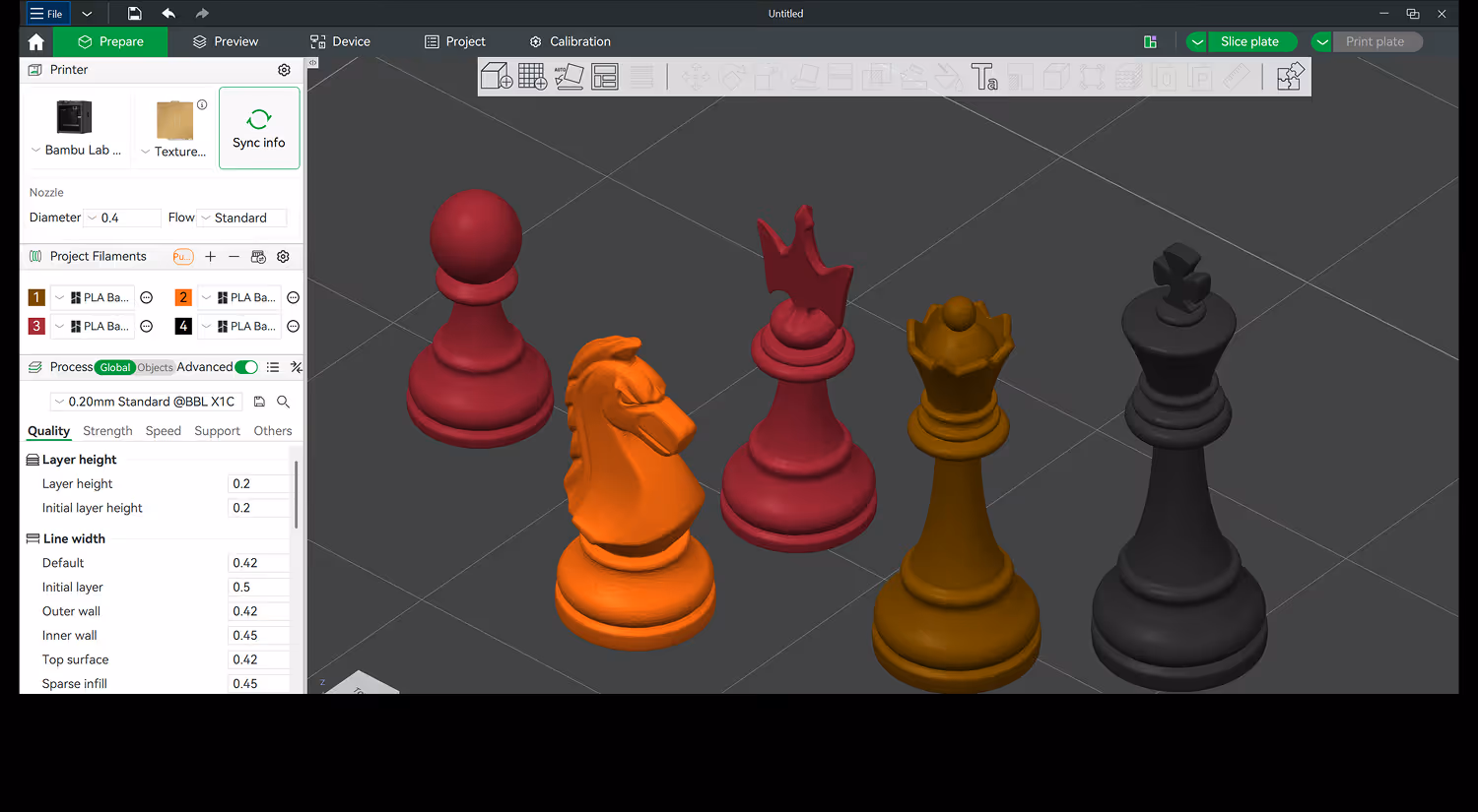 3D modeling software interface showing colorful 3D chess pieces preview with settings panel on the left.