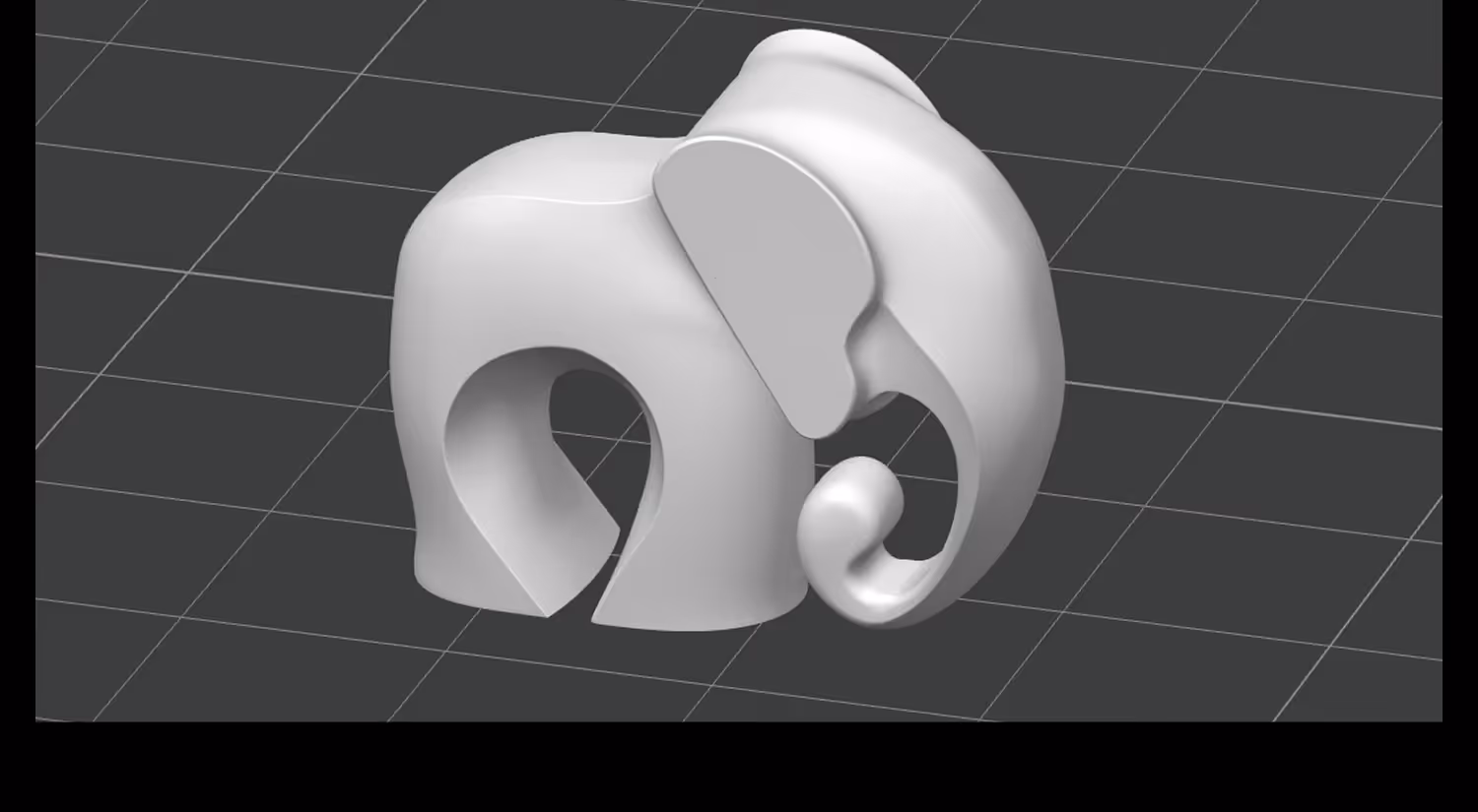 3D model of a stylized elephant with a hollow body and curled trunk on a grid background.