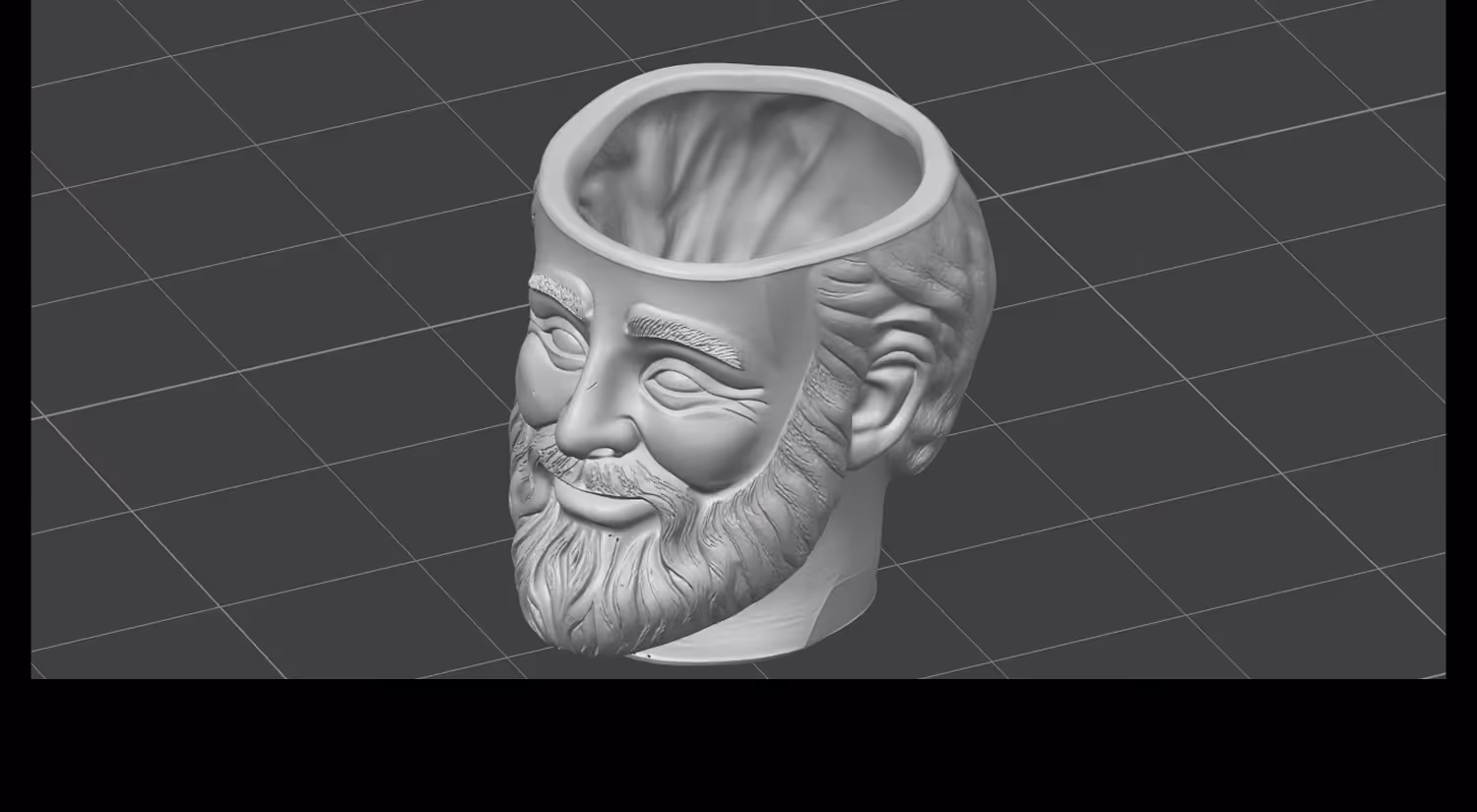 3D model of an open-top bust of a bearded man Vase with a smiling expression on a grid background.
