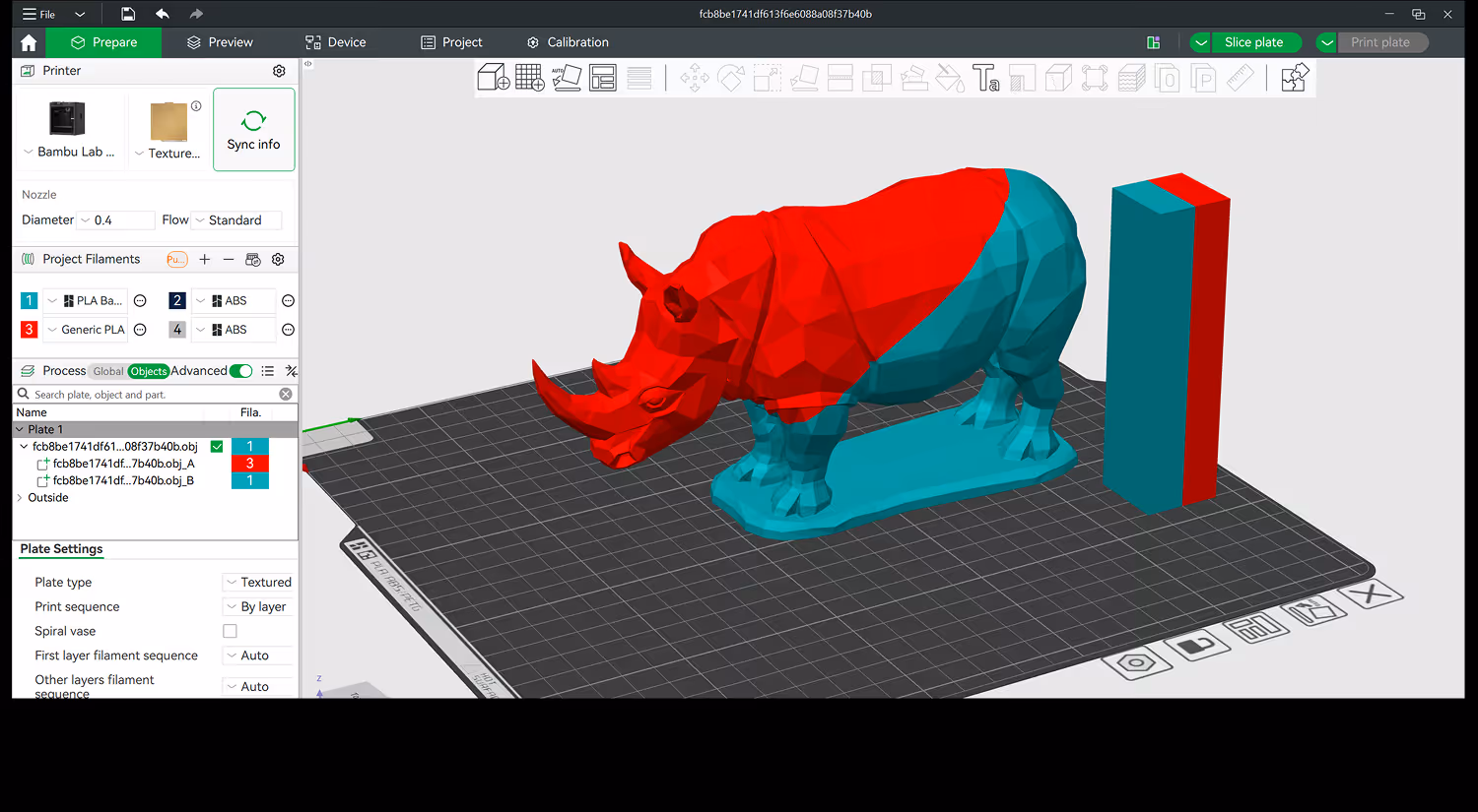 3D printing software interface showing a two-color low-poly rhinoceros model on the build plate with red and teal parts.