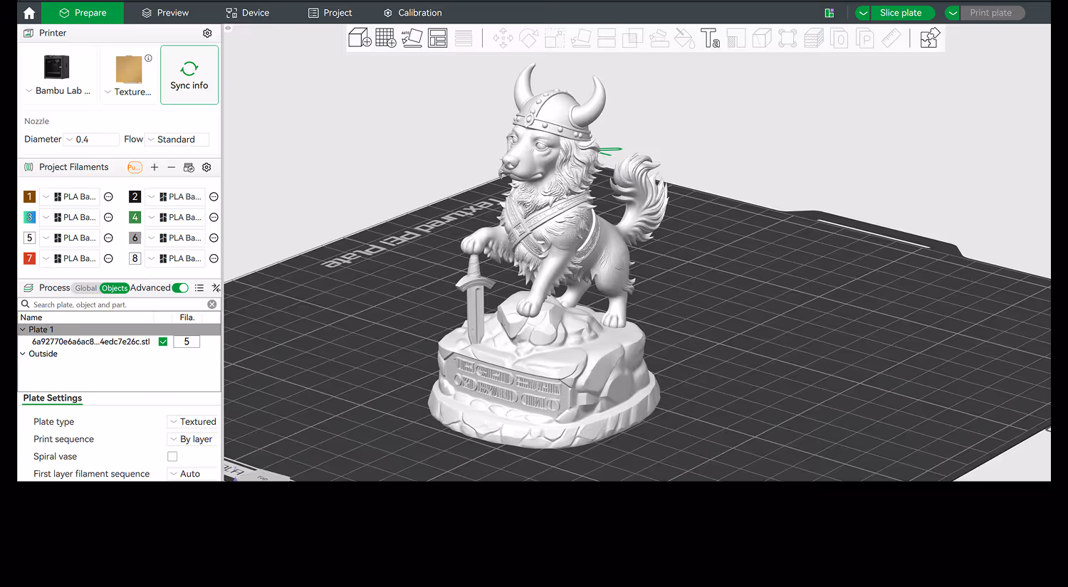 3D modeling software interface displaying a textured Viking dog figurine with a sword on a rocky pedestal.