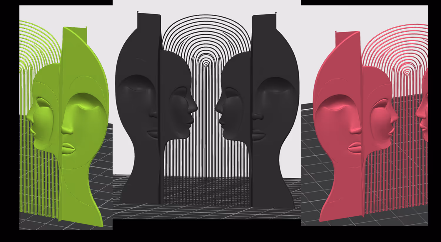 Three abstract vertical sculptures of human faces in green, black, and red with matching concentric line patterns behind them.