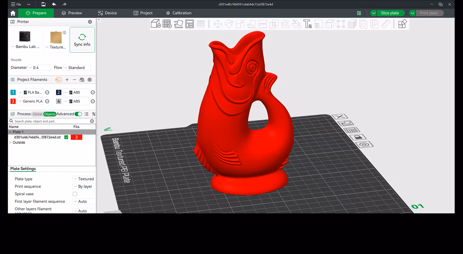 3D printing software interface showing a red fish-shaped pitcher model on a textured virtual print plate.