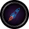 Illustration of a glowing rocket with exhaust flames inside a circle on a dark background.