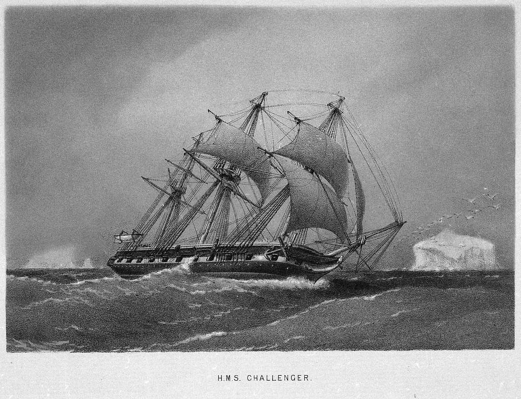 An illustration of the HMS Challenger sailing through Antarctica during an oceanographic expedition