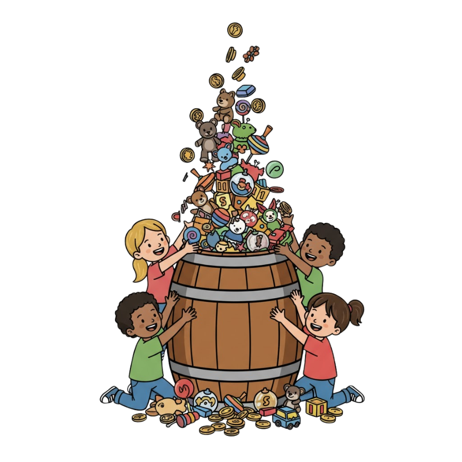 A barrel filled with toys and prizes