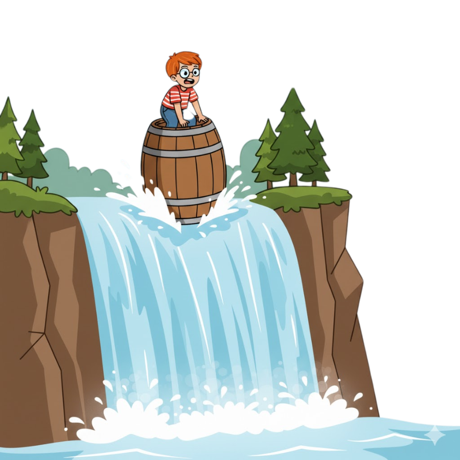 A barrel that you rode like a boat over a waterfall