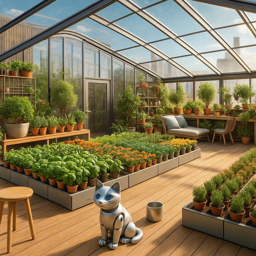 A robotic cat that takes care of the plants and sits in the sun with you