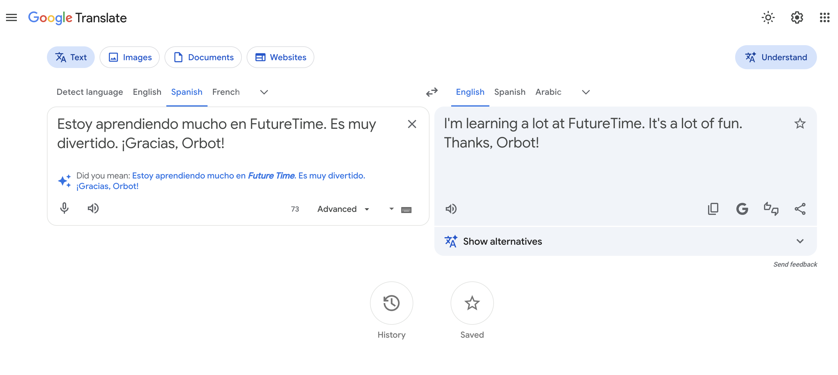 A live translation from Spanish to English on Google Translate