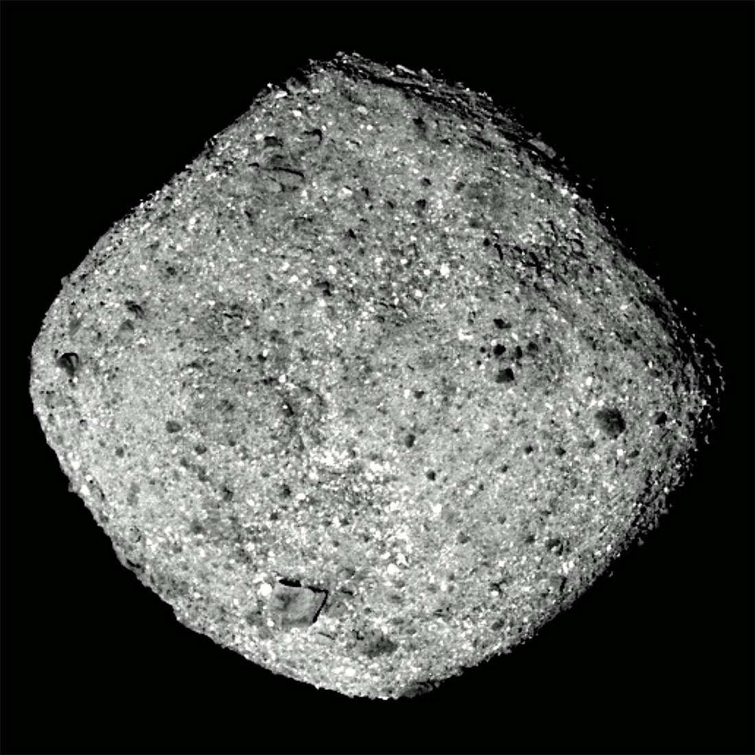 An image of Asteroid Bennu taken by NASA's OSIRIS-REx spacecraft from a distance of around 50 miles (80 km) ("NASA's OSIRIS-REx Spacecraft Arrives at Asteroid Bennu" by NASA's Marshall Space Flight Center / CC BY-NC 2.0 via Flickr)