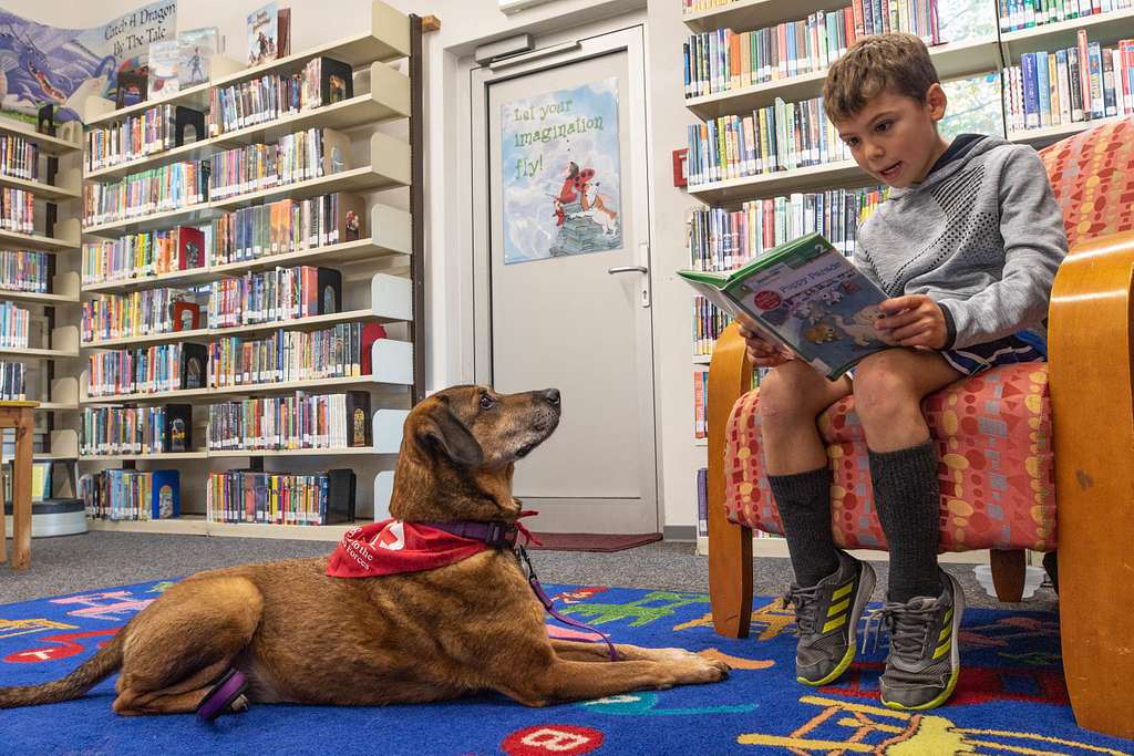 A boy reads aloud to a dog named Penny