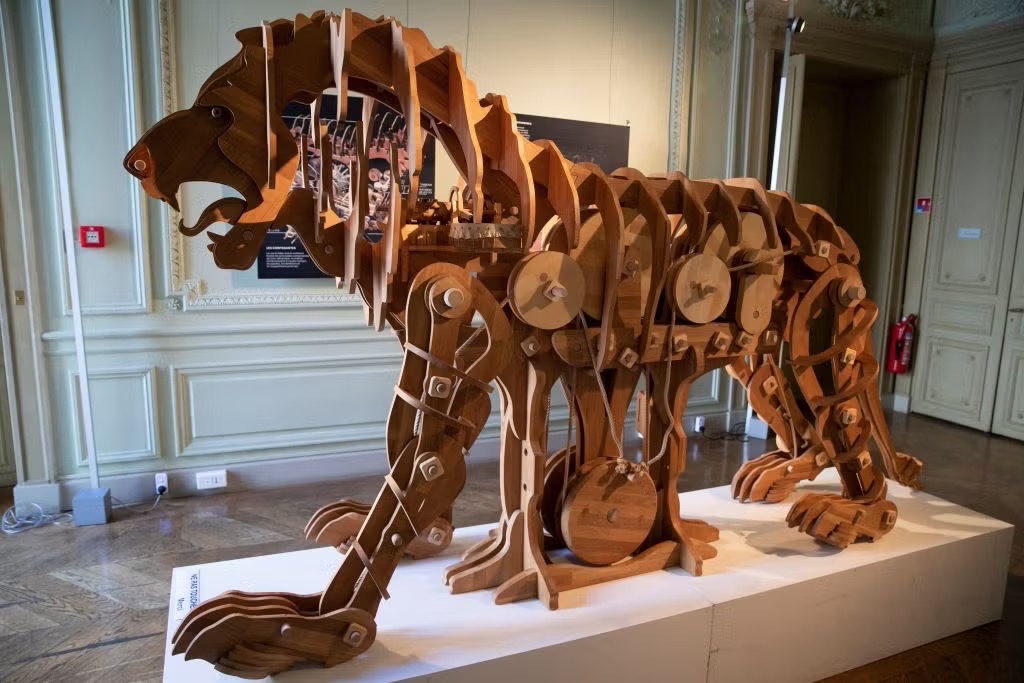 Wooden reconstruction of Leonardo da Vinci's mechanical lion on display at the Italian Cultural Institute in Paris (THOMAS SAMSON/Getty Images)
