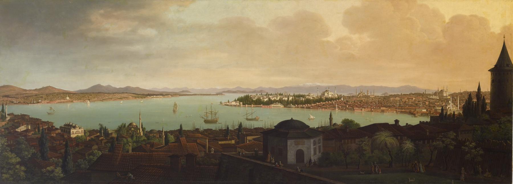 Panoramic painting of Constantinople, an ancient city in Turkey, from the 1700s