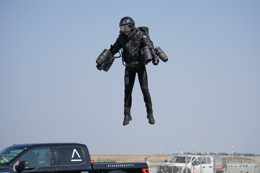 Gravity Industry's Jet Suit being tested in San Carlos, CA in 2018 ("They Promised us Jetpacks" by Eddie Codel / CC BY 2.0 via Flickr)