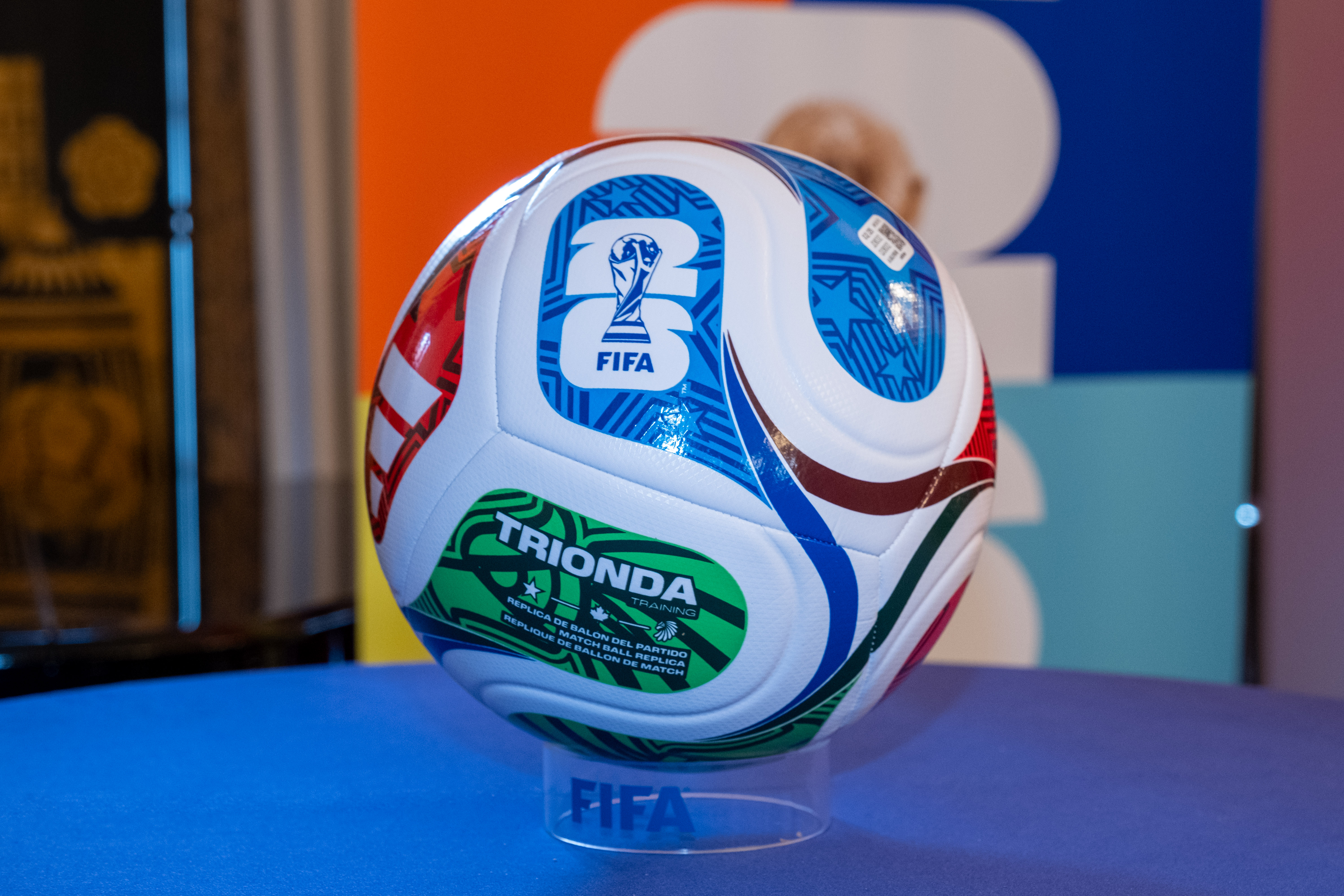 An Adidas Trionda soccer ball, the same kind that was used for the 2026 FIFA World Cup with motion sensors inside ("FIFA World Cup 2026 Draw Reception" by UKinUSA / CC BY-SA 4.0 via Flickr)