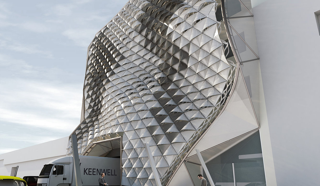 Hypermembrane, a structure inspired by pinecones that covers walls and roofs of buildings, adapting to the requirements of the building.