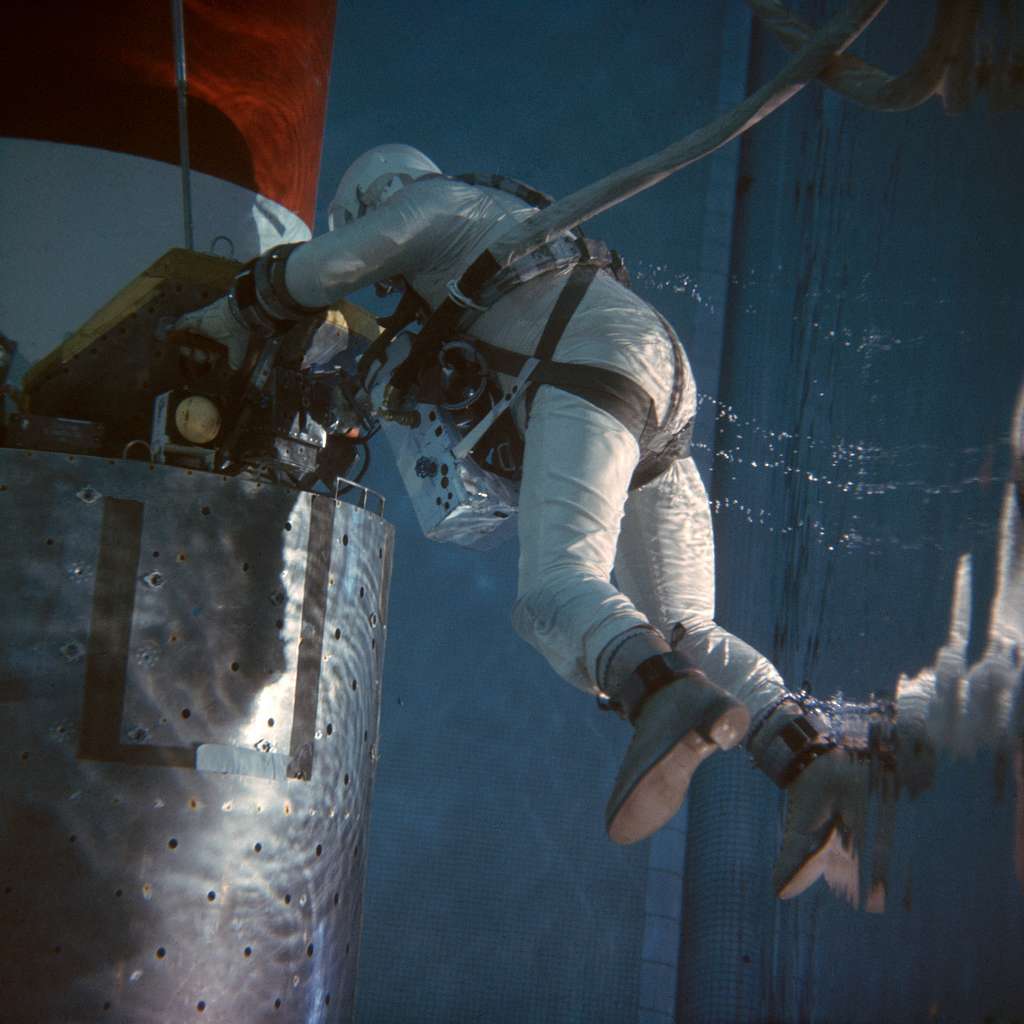 Astronaut Edwin Aldrin practices tasks during underwater gravity-training