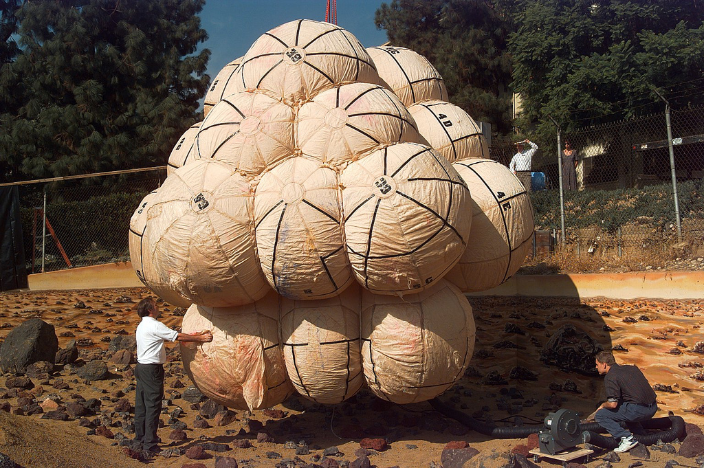A test of the enormous airbags that inflated and protected the NASA Pathfinder aircraft before it touched down on the surface of Mars