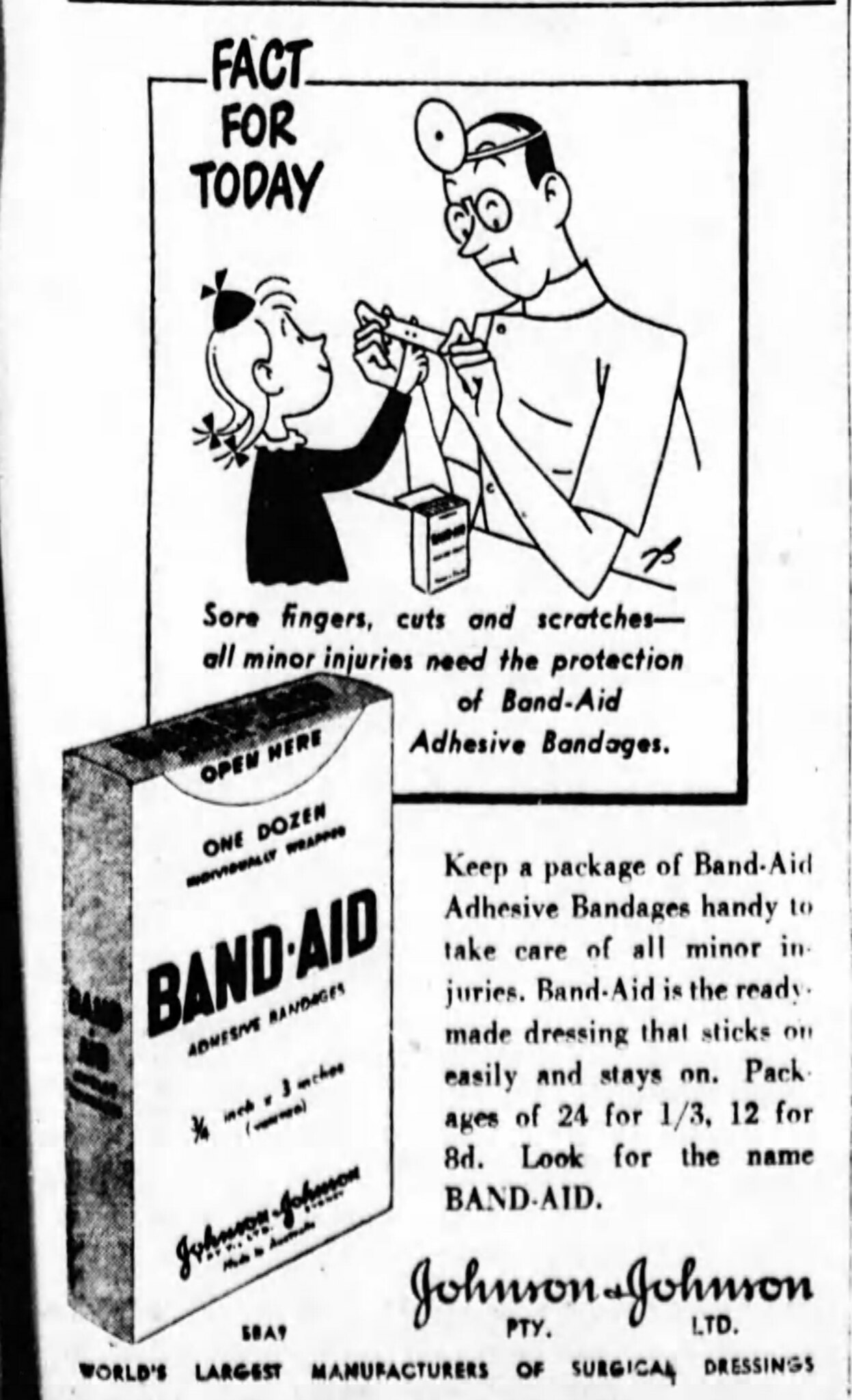 A 1950 advertisement for Band-Aids, from the Australian newspaper the Sydney Morning Herald