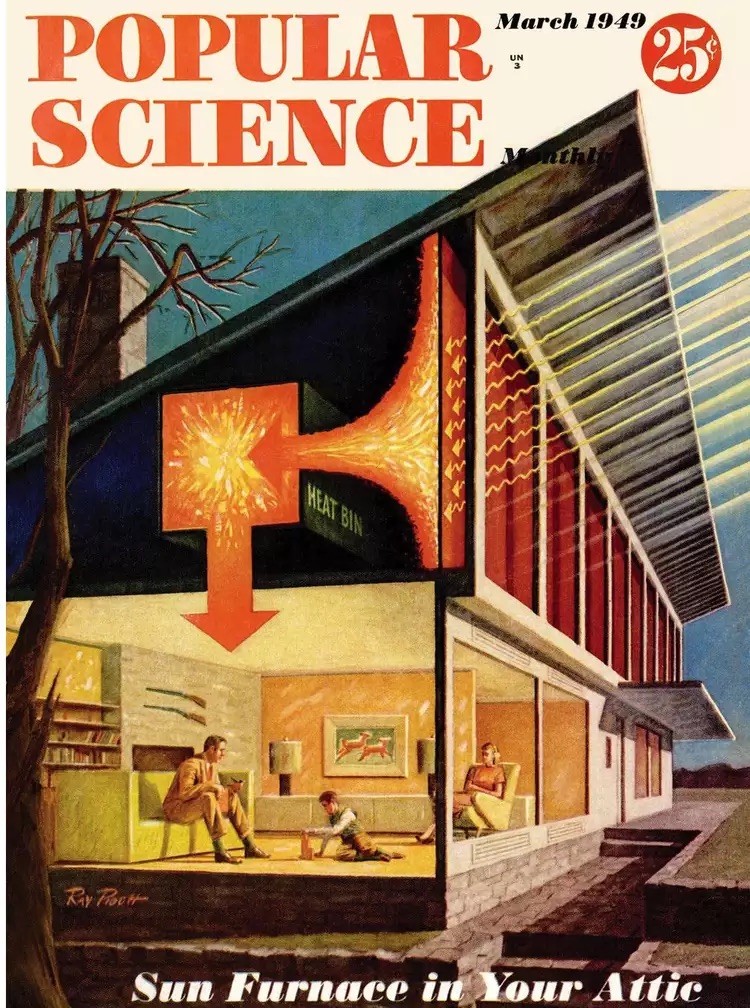 Mária Telkes' Dover Sun House, which used phase-change materials to store heat, featured on the cover of Popular Science magazine in 1949