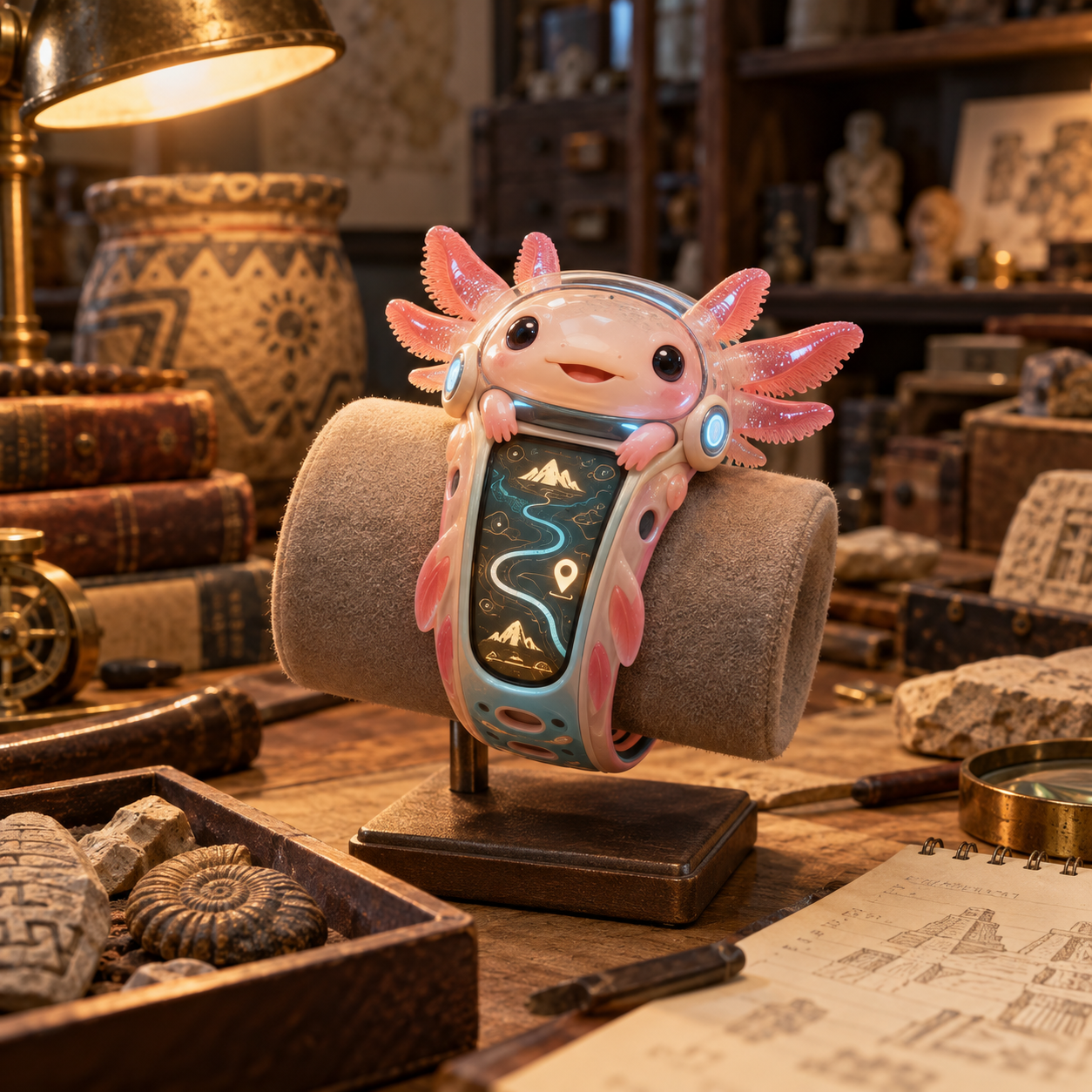 A wearable axolotl travel guide