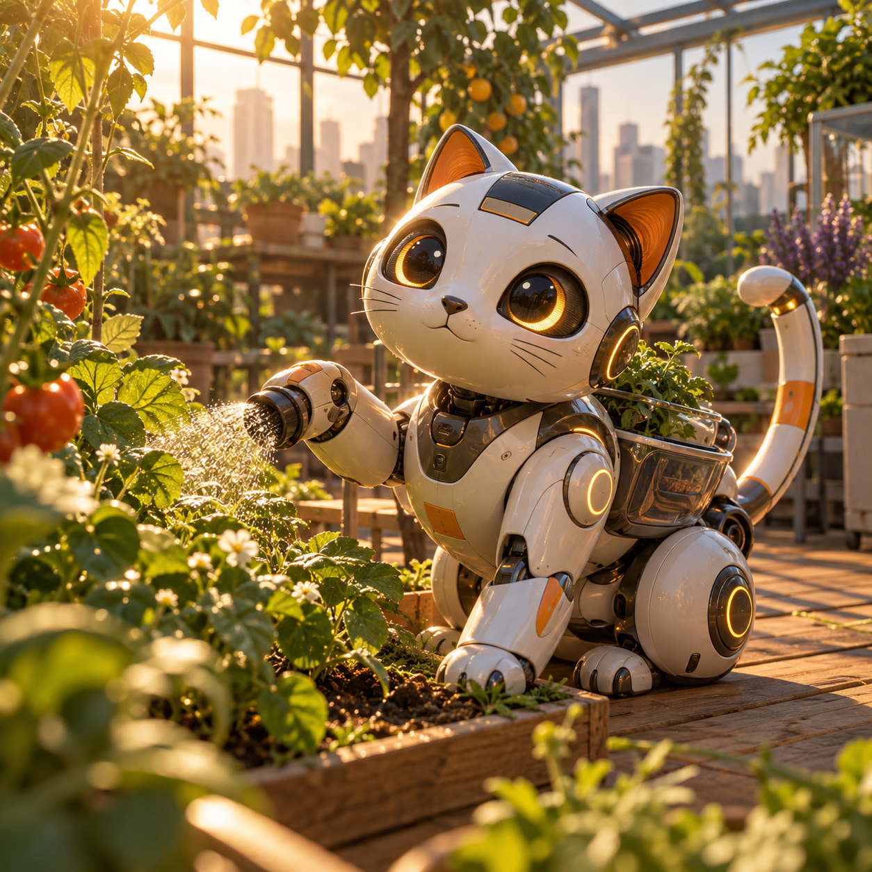 A robotic cat that takes care of the plants and sits in the sun with you