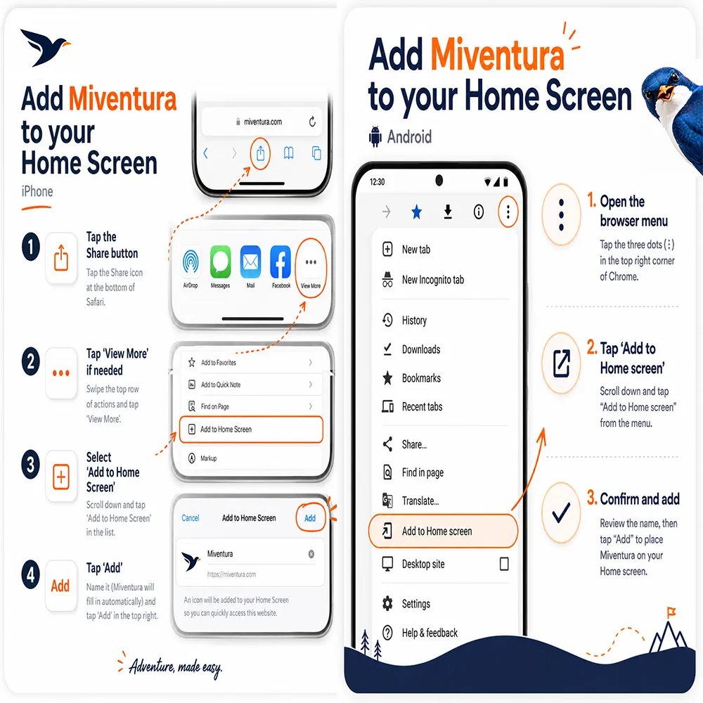 Instructions for adding Miventura to the Home Screen on iPhone and Android.