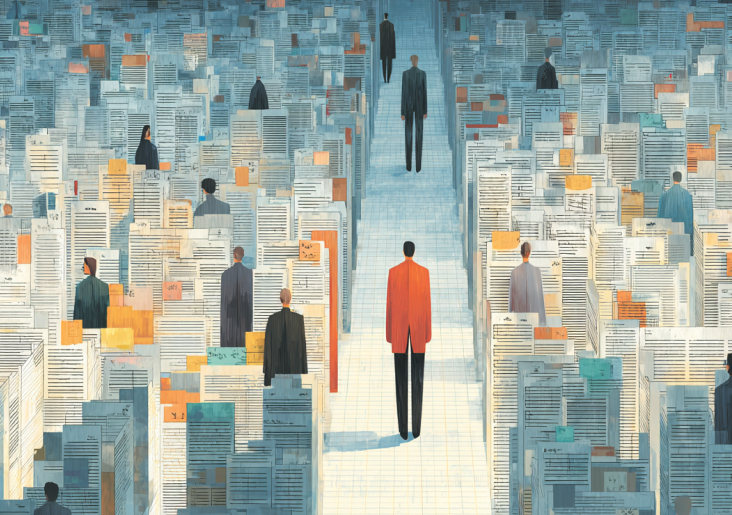 Modern office space with people working on computers and collaborating, featuring exposed brick walls and large windows.