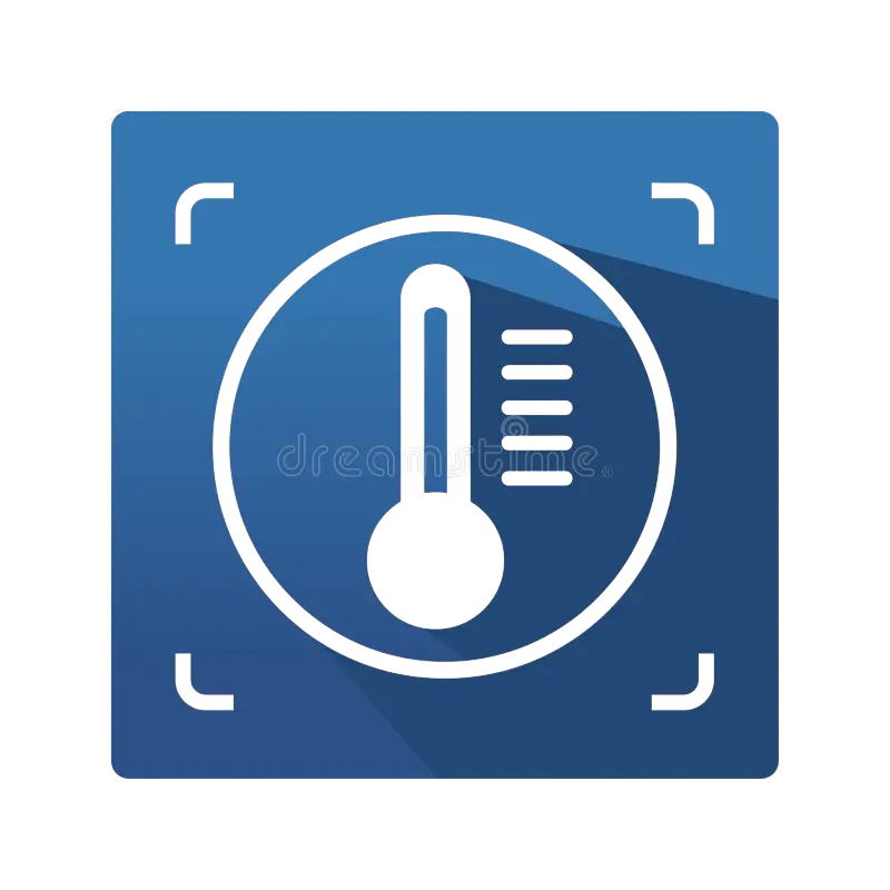 Icon of a thermometer inside a circle with measurement marks on a blue square background.