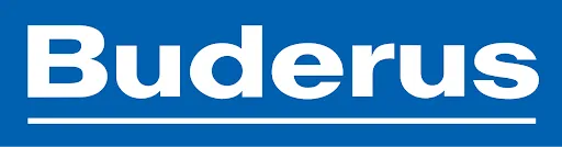 Logo značky Buderus bílým písmem na modrém pozadí s podtržením.