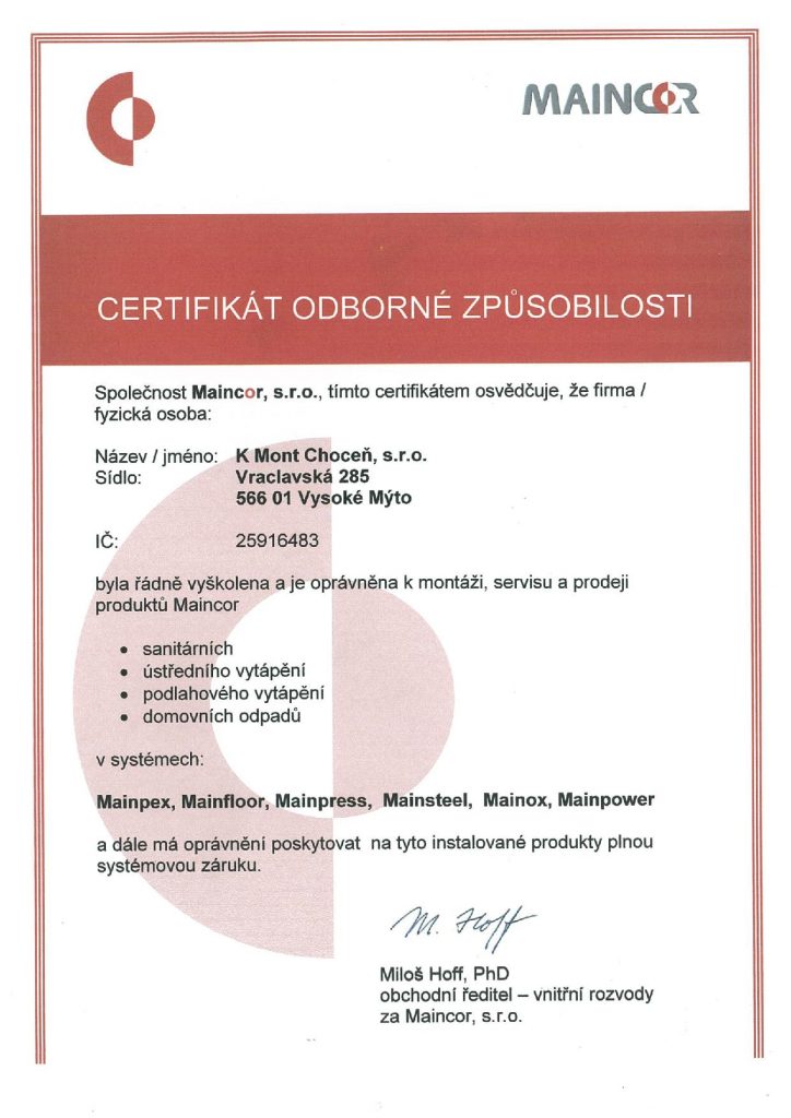 Maincor - certifikát odborné způsobilosti