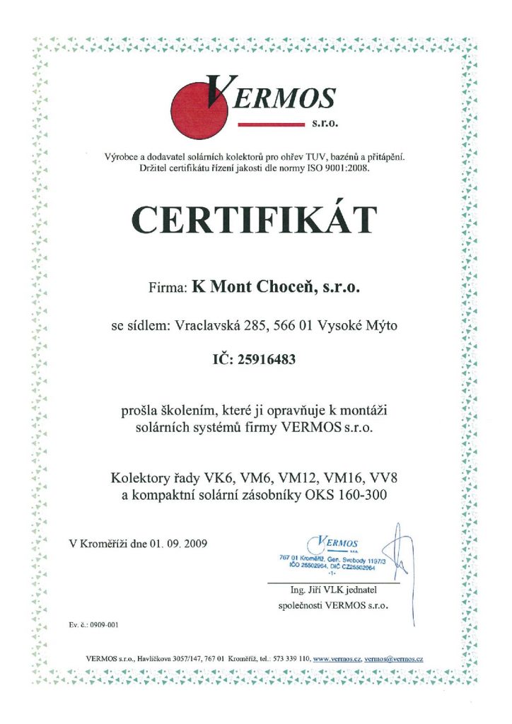 VERMOS – osvědčení o oprávnění k montáži solárních systémů