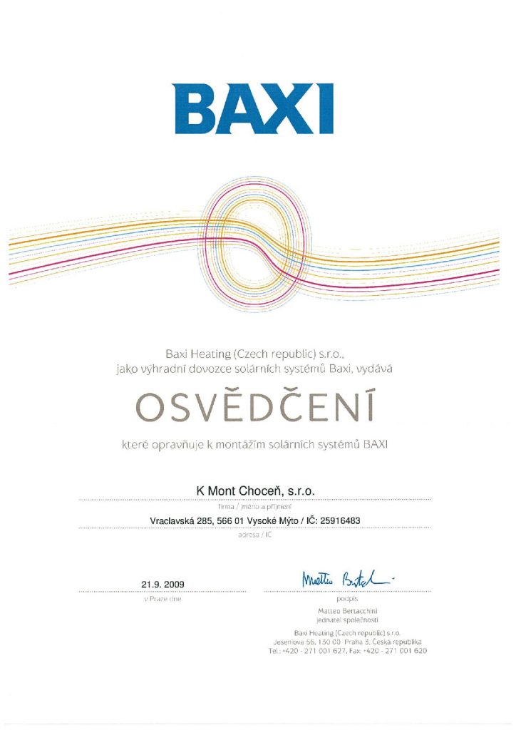 BAXI – osvědčení o oprávnění k montáži solárních systémů