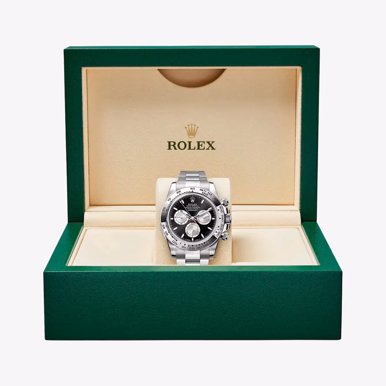 Rolex Uhr in samtgrüner Uhrenbox