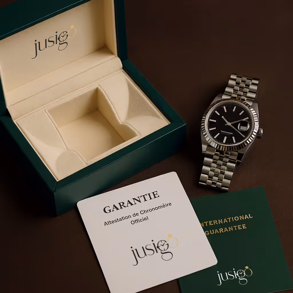 Silberne Armbanduhr mit schwarzem Zifferblatt neben einer leeren grünen Uhrenbox und Garantieunterlagen von Jusigo.