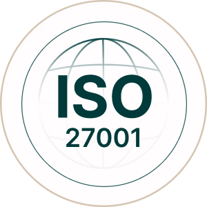 ISO 27001 certification badge with a globe outline in the background.