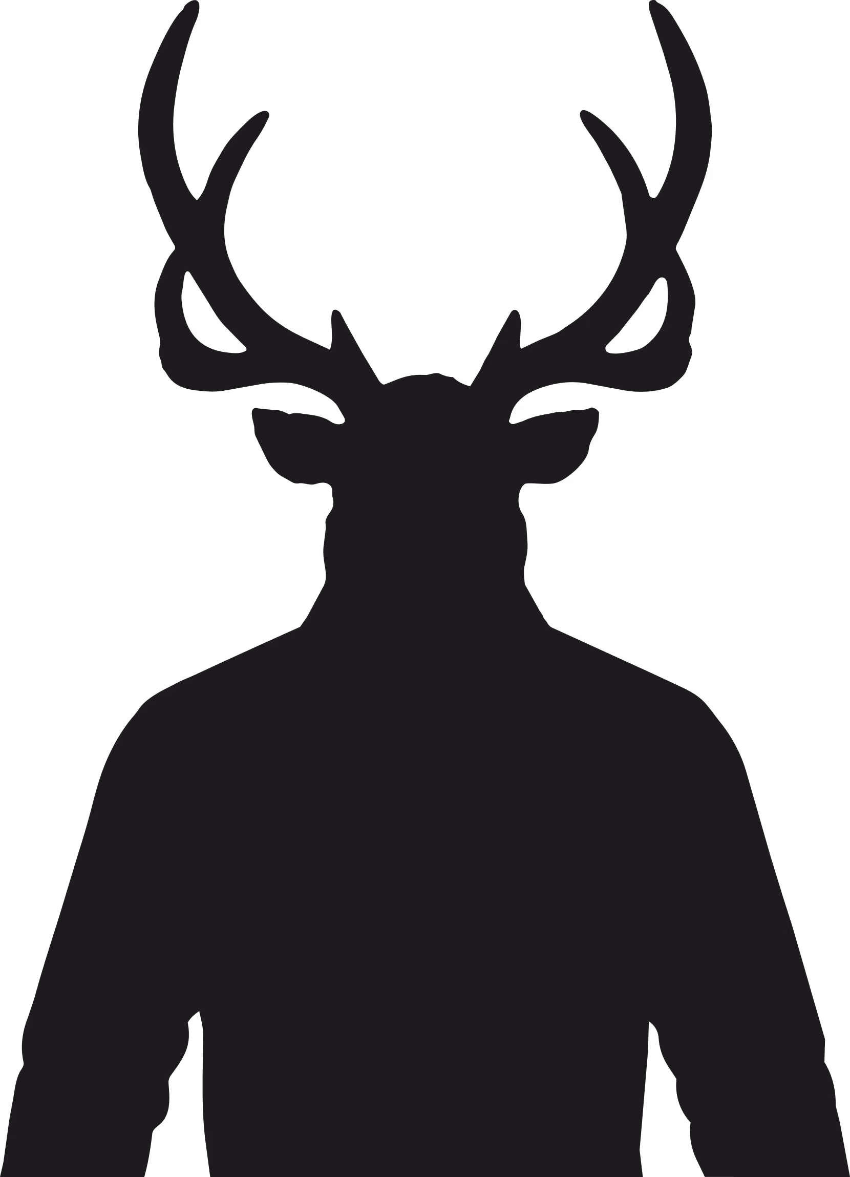 Black silhouette of a person with a deer head and antlers on a black background.