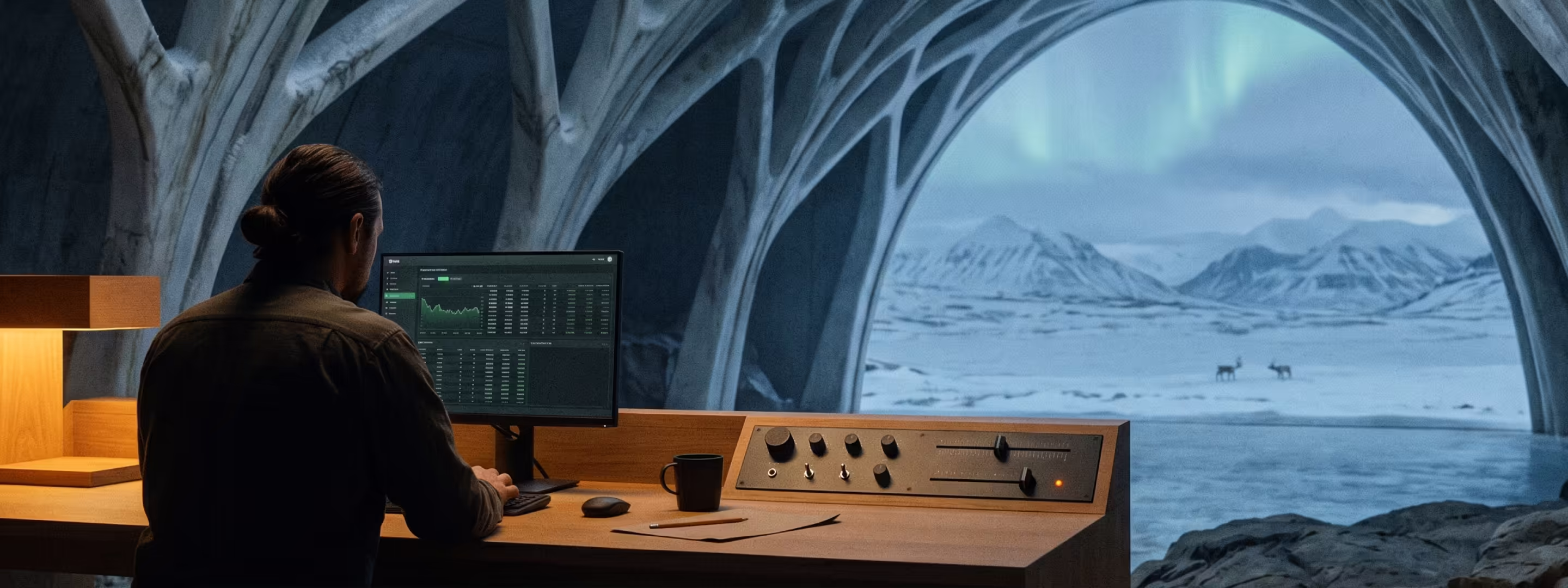 Person working on computer at desk inside a cave-like structure overlooking snowy mountains and two deer.