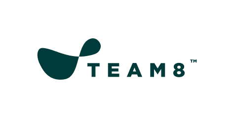 TEAM8 brand logo with abstract curved shape to the left of the text.