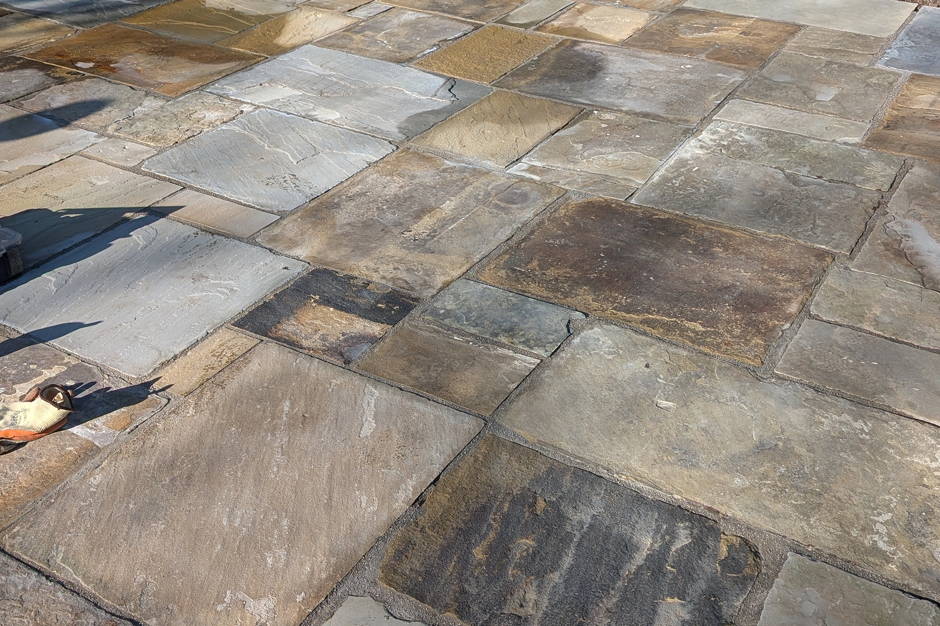 Reclaimed York flagstones, sourced from Manchester, which we supplied to a client in Lubenham, Market Harborough