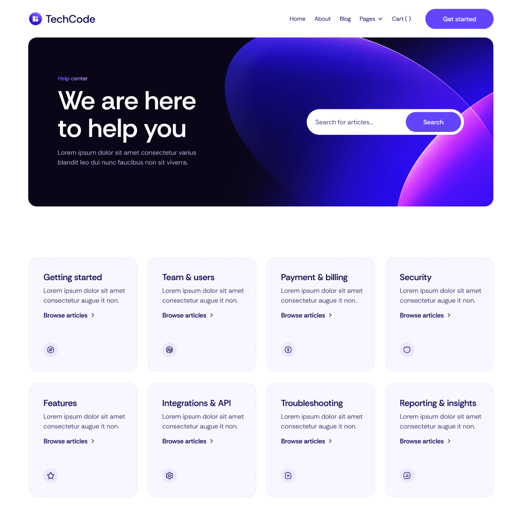 TechCode - Help Center Main Page - Saasfy SaaS Webflow Template | Brix Template