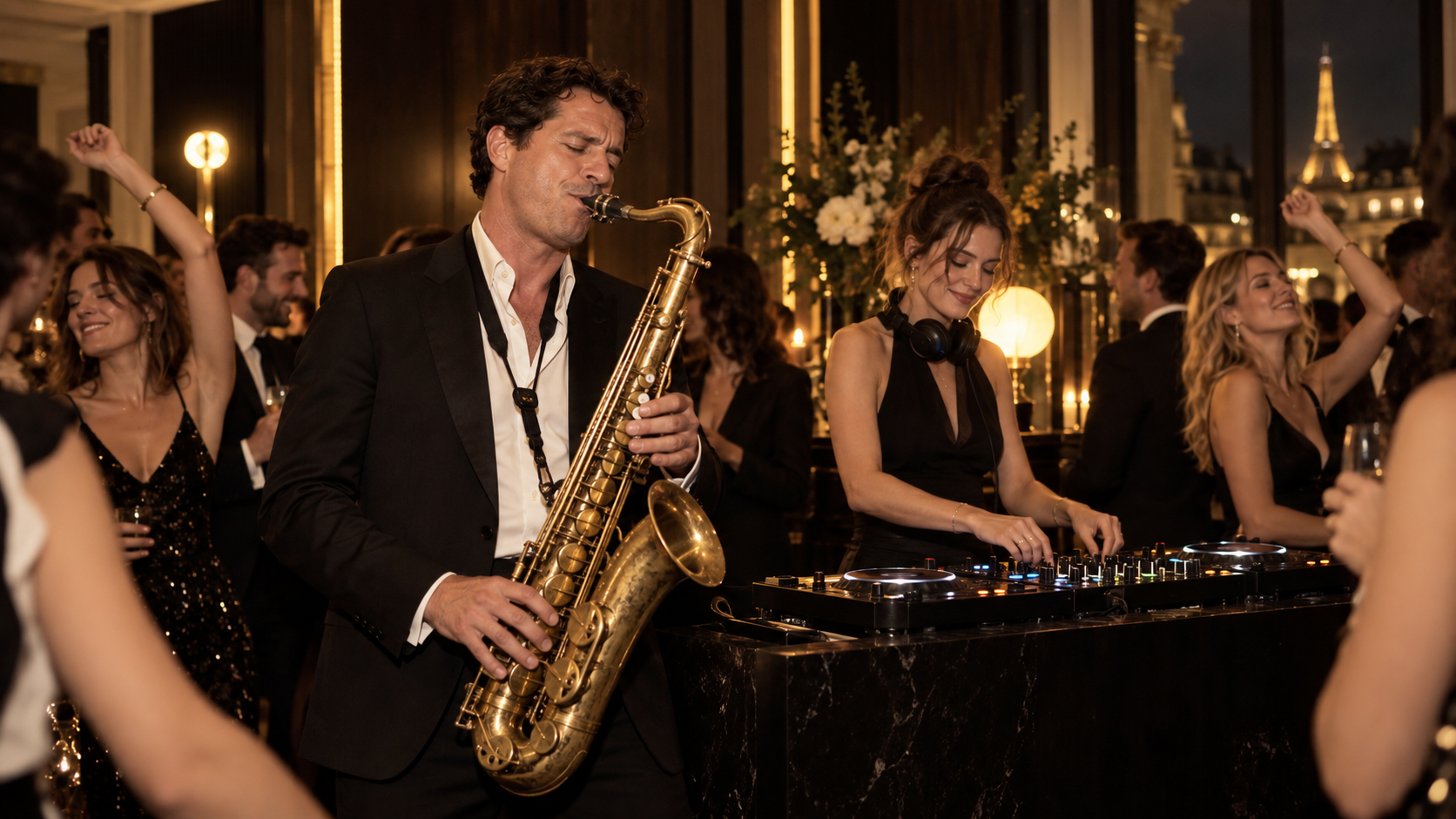 Saxophoniste et DJ live pendant une soirée dansante à Paris